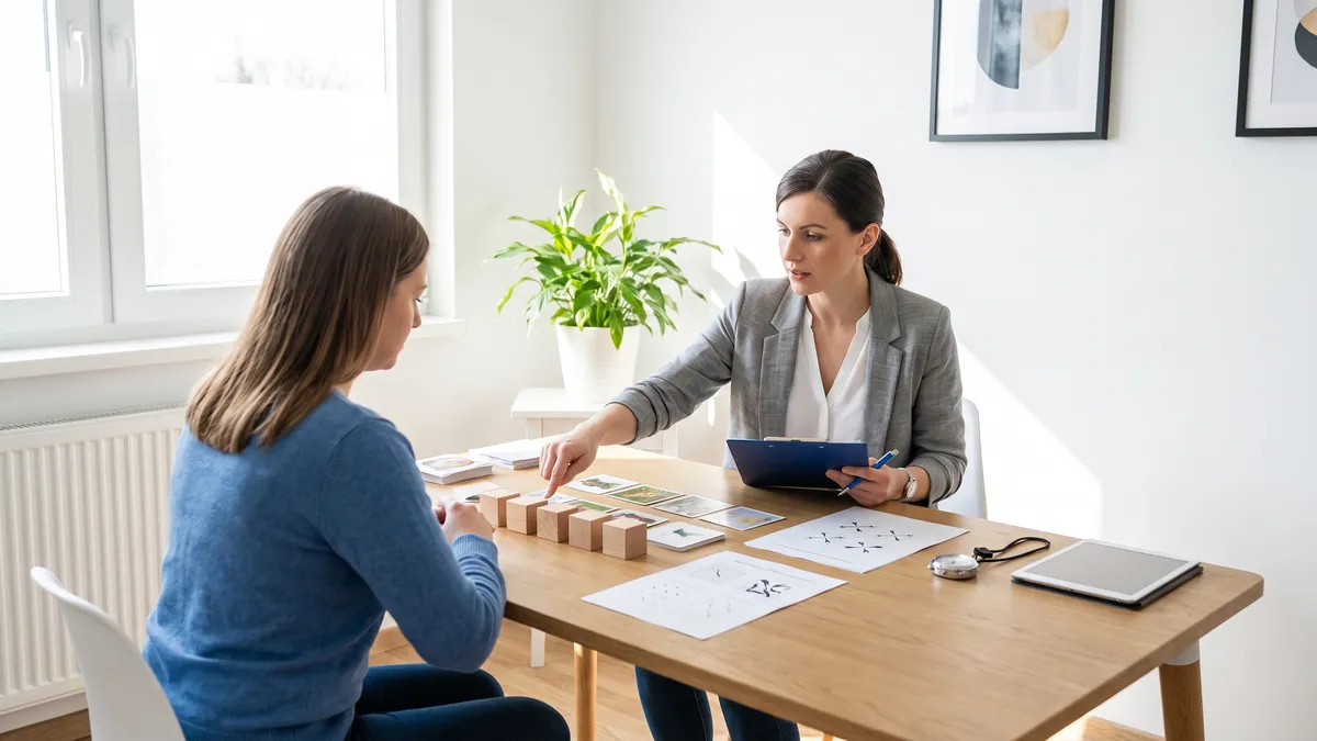 Psychologist administering a standardised cognitive assessment