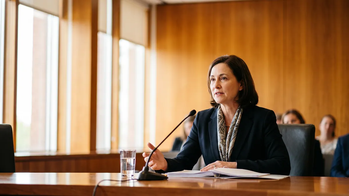 Expert witness giving evidence in a hearing room