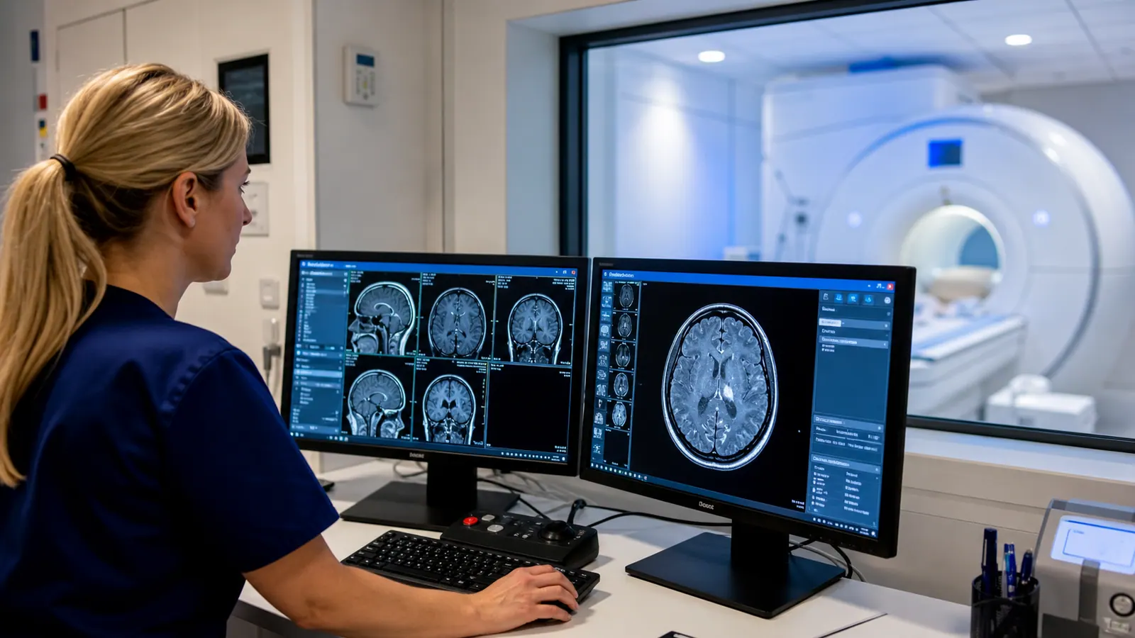 Radiographer reviewing MRI scans arranged to support a medico-legal report