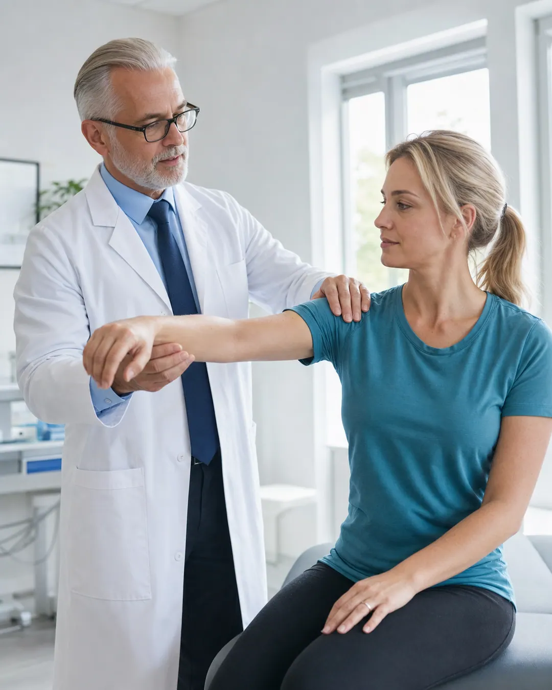 Orthopaedic specialist examining a claimant's shoulder movement during a medico-legal assessment