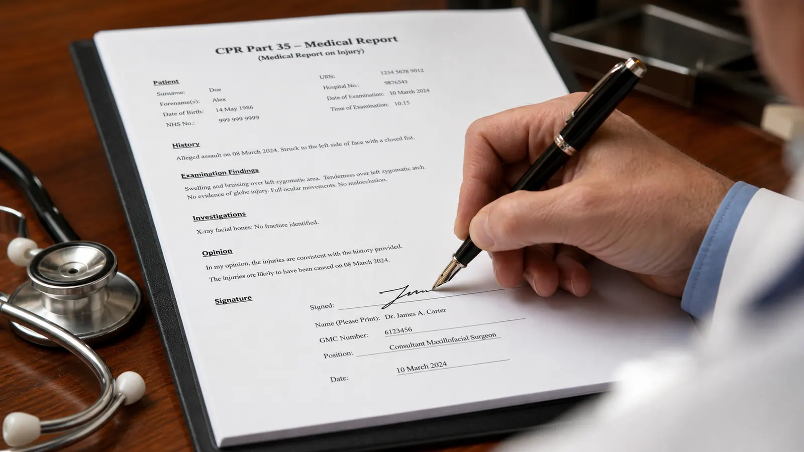 Doctor signing an illustrative CPR Part 35 medical report