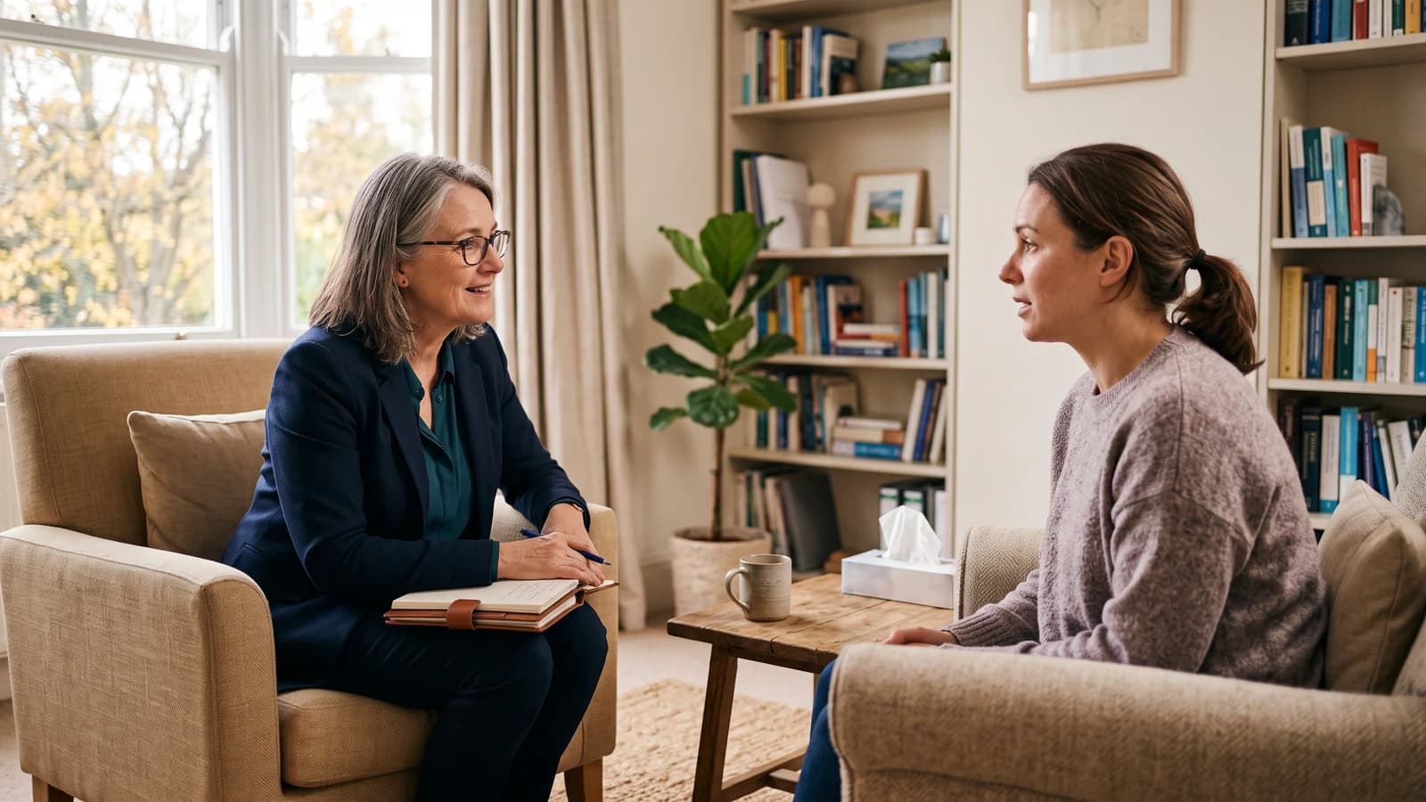 Clinician speaking with a patient in a calm consulting room