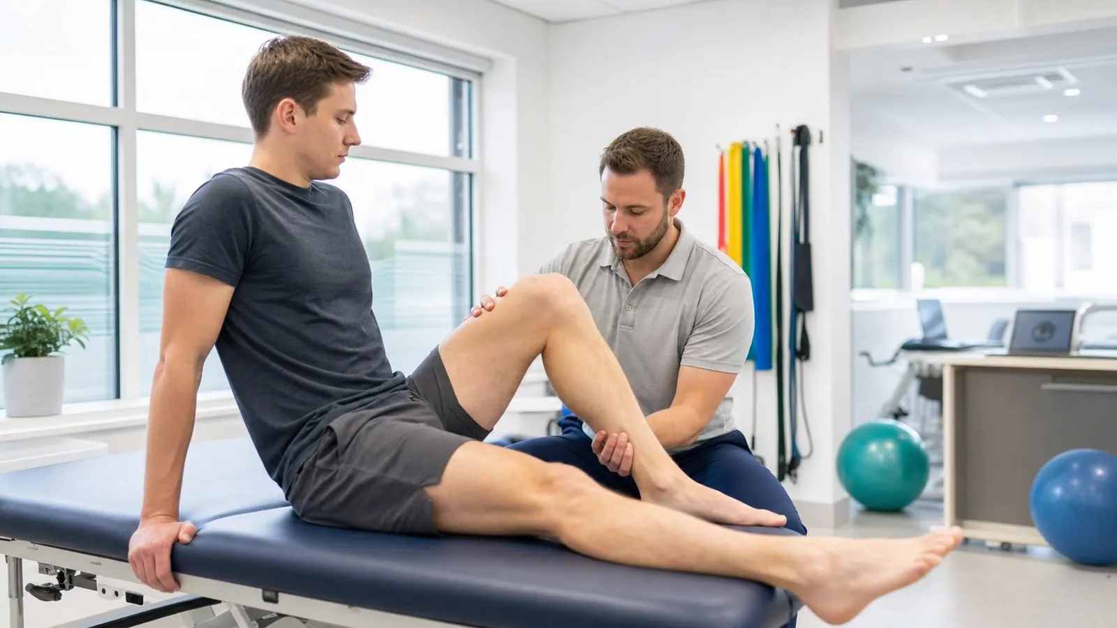Physiotherapist leading knee rehabilitation alongside medical legal reporting