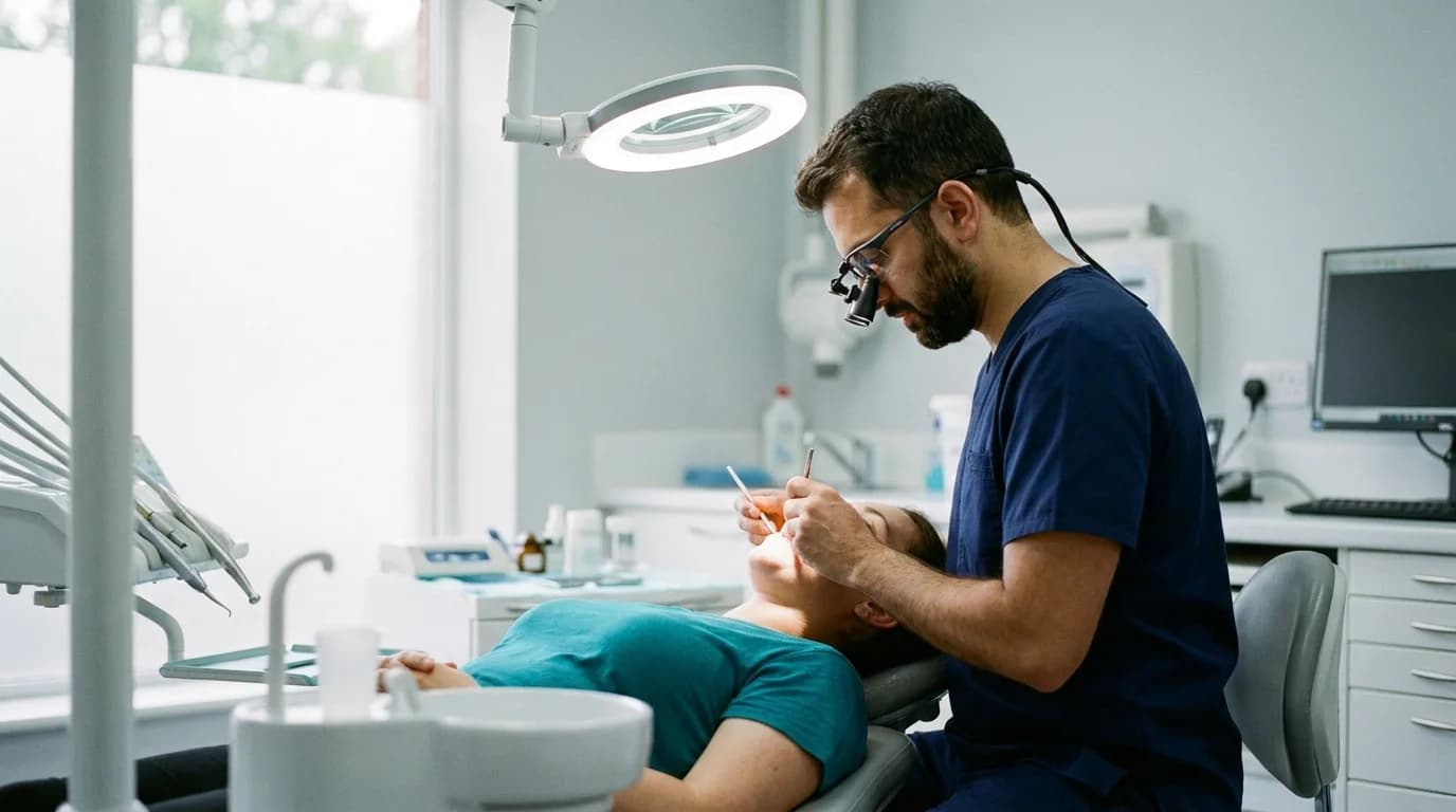 Dental surgeon examining a patient's teeth in a dental surgery