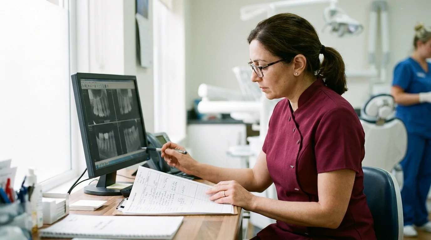 Dental surgeon reviewing dental radiographs and charting at a desk