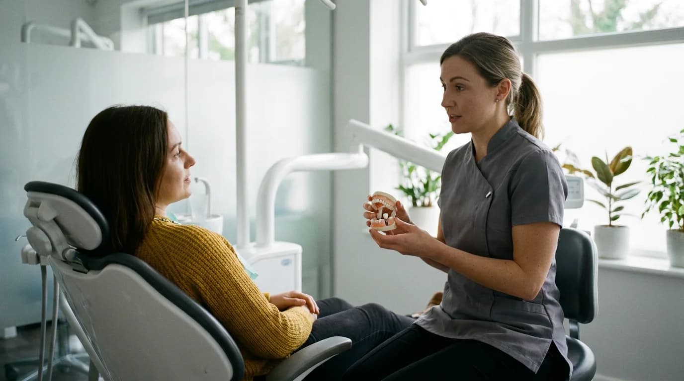 Dental surgeon explaining a staged future treatment plan to a patient