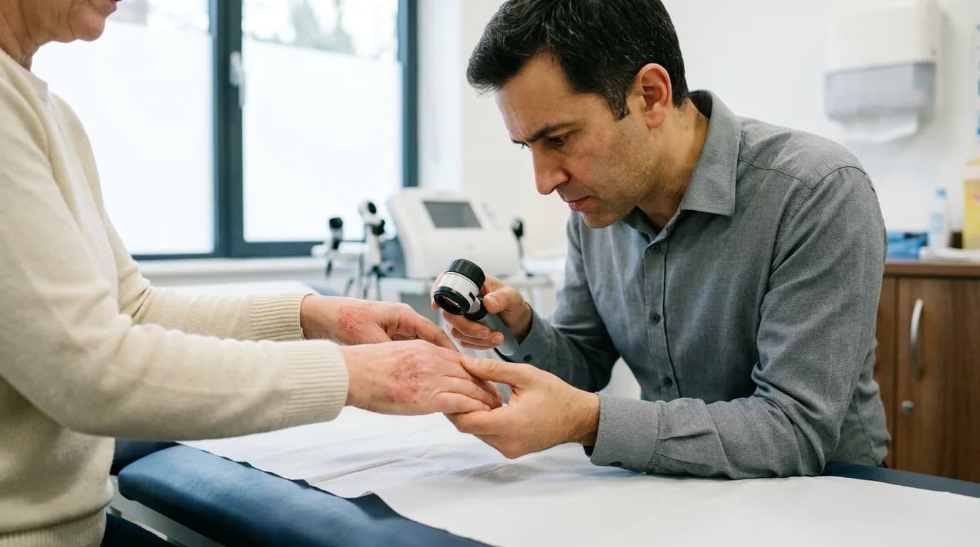Consultant dermatologist examining a patient's skin with a dermatoscope