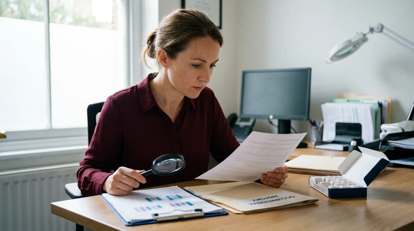 Dermatologist reviewing patch testing results and work history at a desk