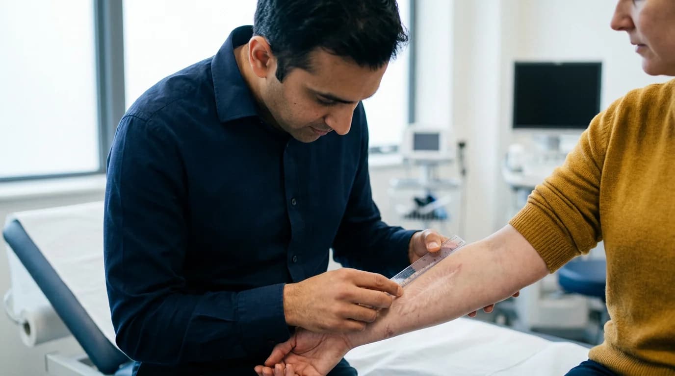 Dermatologist examining and measuring skin scarring during assessment