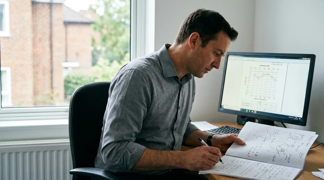 Consultant ENT surgeon interpreting an audiogram during a noise-induced hearing loss assessment