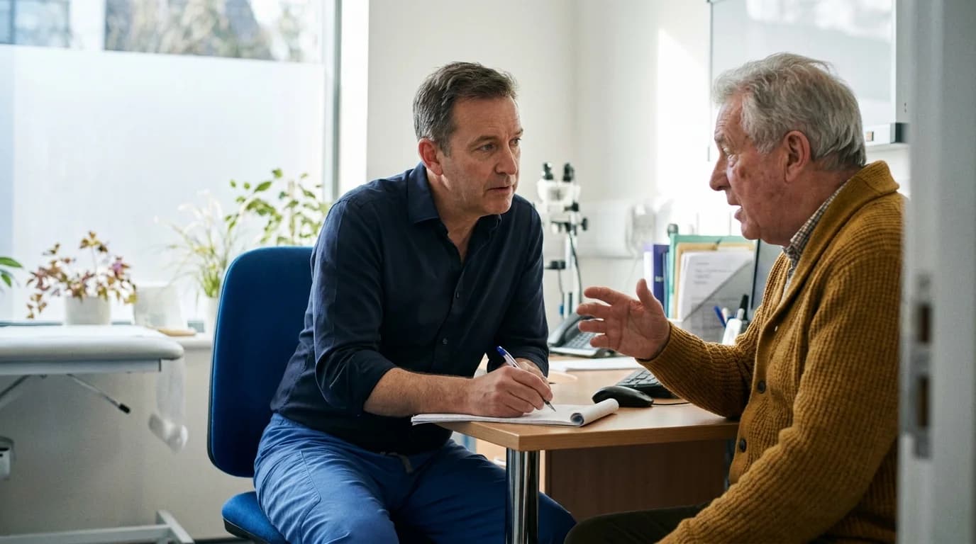 ENT specialist discussing tinnitus and its impact with an older patient