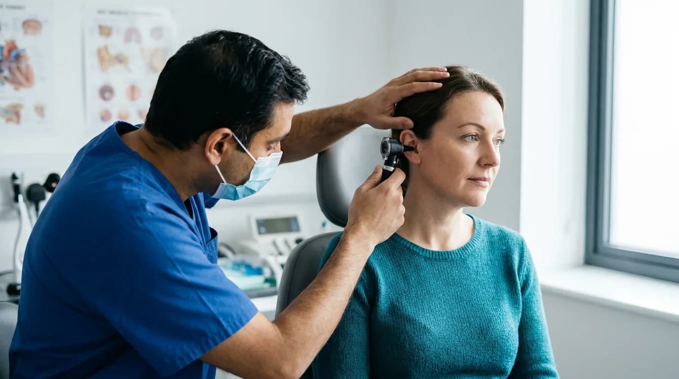 ENT surgeon examining a patient's ear with an otoscope in clinic