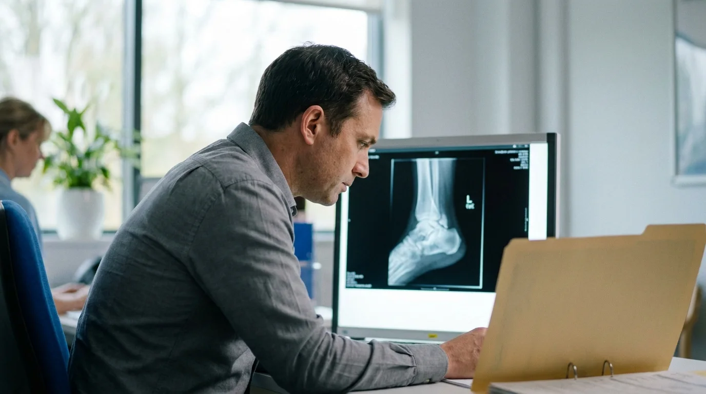 Consultant foot and ankle surgeon reviewing an ankle X-ray in clinic
