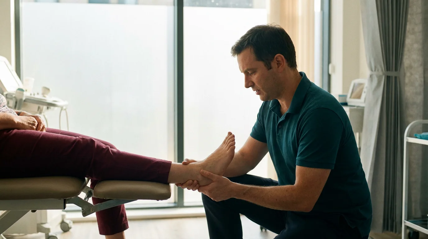Foot and ankle surgeon examining a patient's ankle joint during assessment