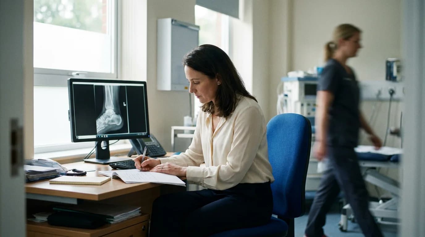 Foot and ankle surgeon drafting a medico-legal report at a desk