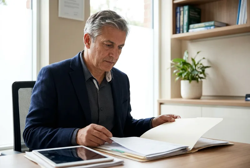 Consultant general surgeon reviewing a case file for a medico-legal report