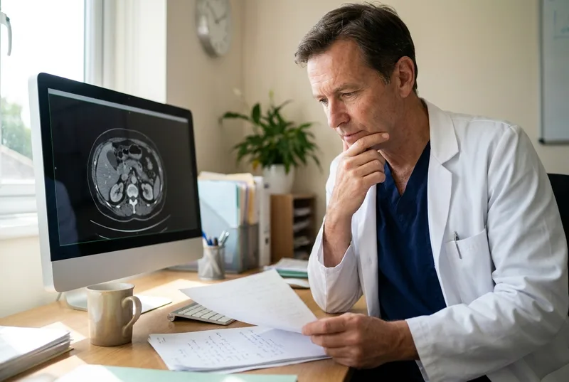 Surgeon reviewing operative notes and a CT scan for a medico-legal report