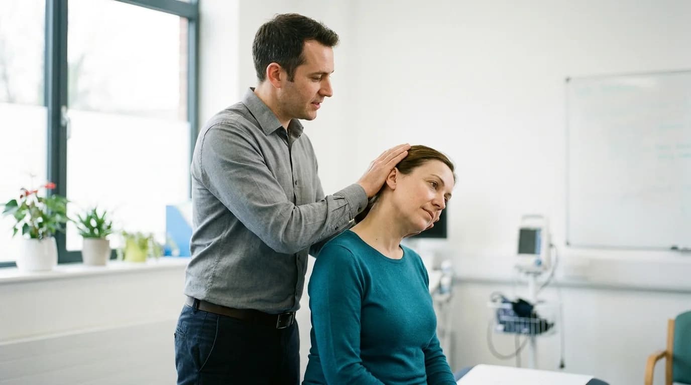GP examining a patient's neck movement during a soft-tissue injury assessment