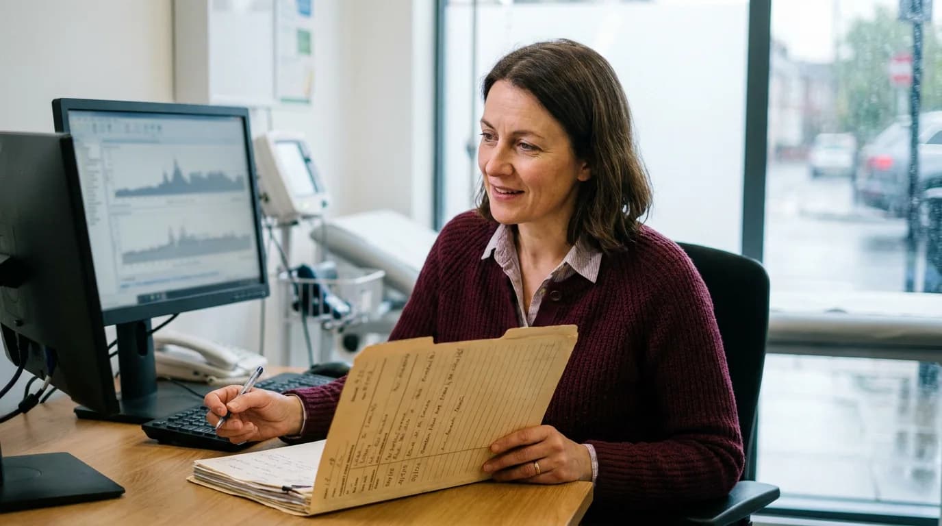 GP reviewing a patient's medical records at a desk