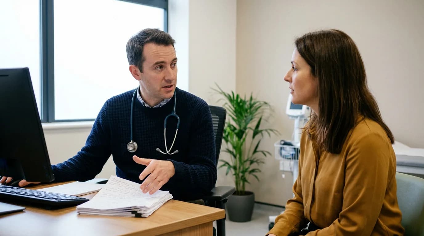 GP discussing an onward specialist referral with a patient