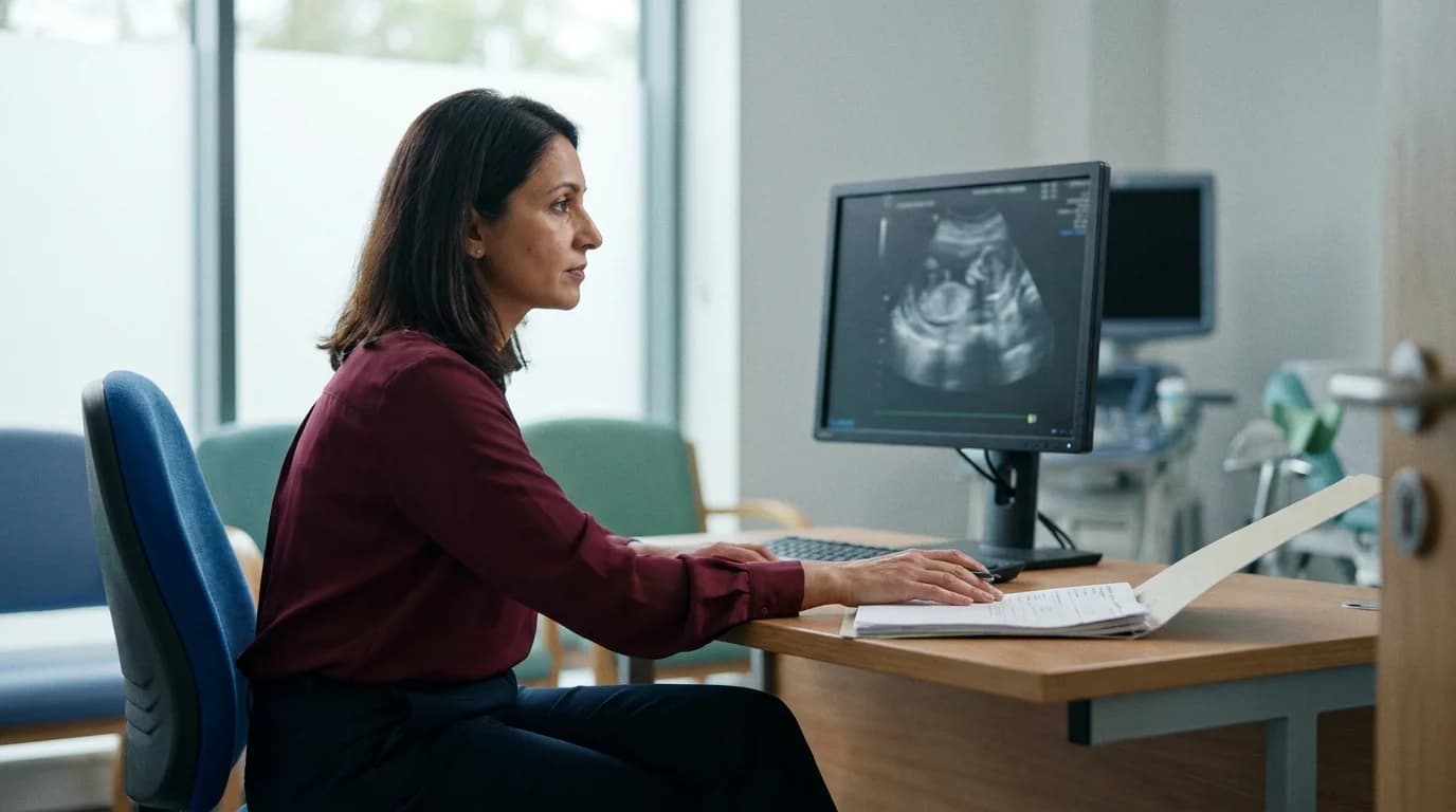 Consultant gynaecologist reviewing a pelvic ultrasound image in a clinical consulting room