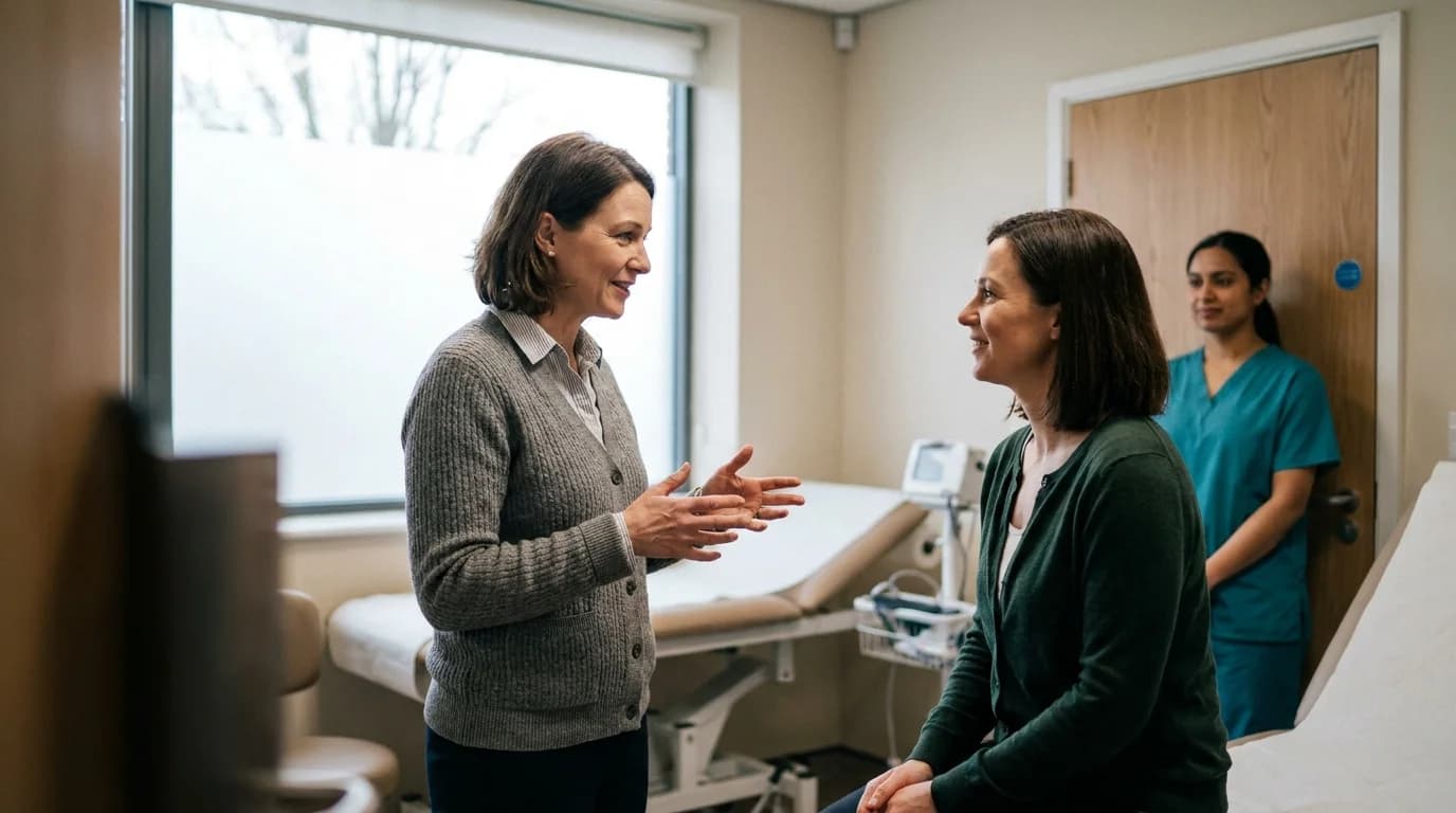 Gynaecologist explaining an examination to a patient with a chaperone present