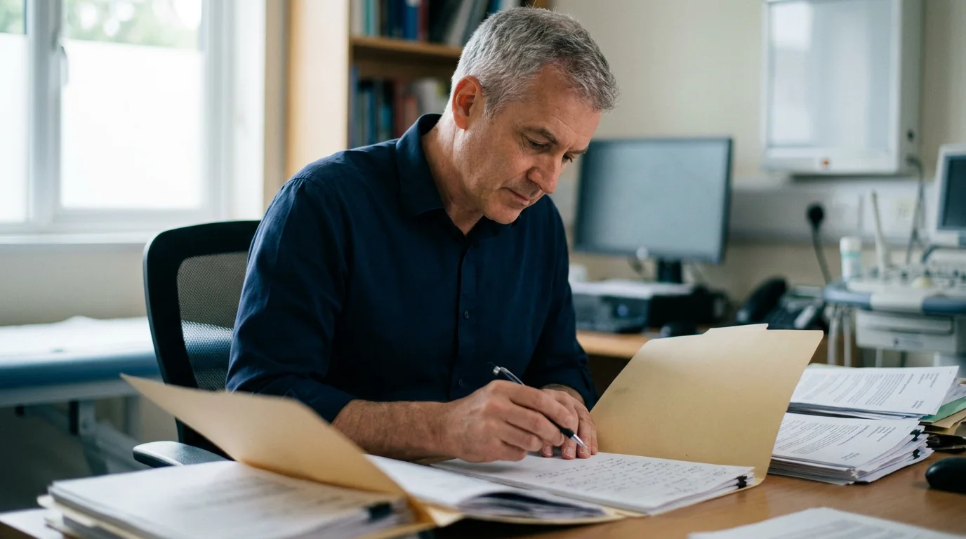 Gynaecology expert analysing operative records at a desk to separate breach from causation
