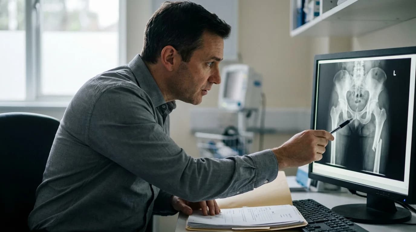 Consultant hip surgeon reviewing a hip X-ray on a monitor in clinic