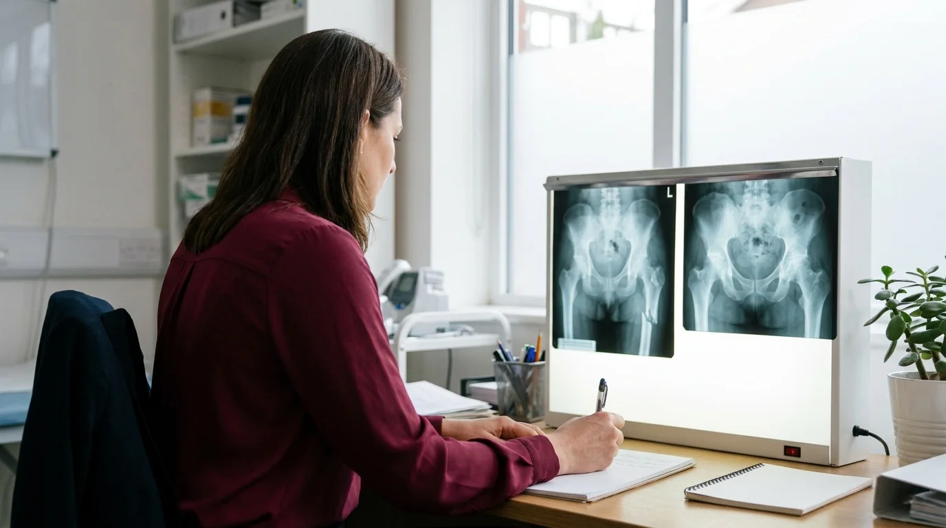 Hip surgeon comparing hip X-rays to separate injury from degenerative change