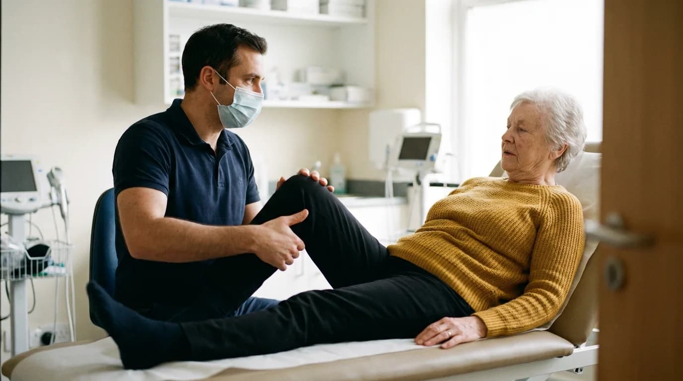 Hip surgeon examining an older patient's hip movement during an assessment