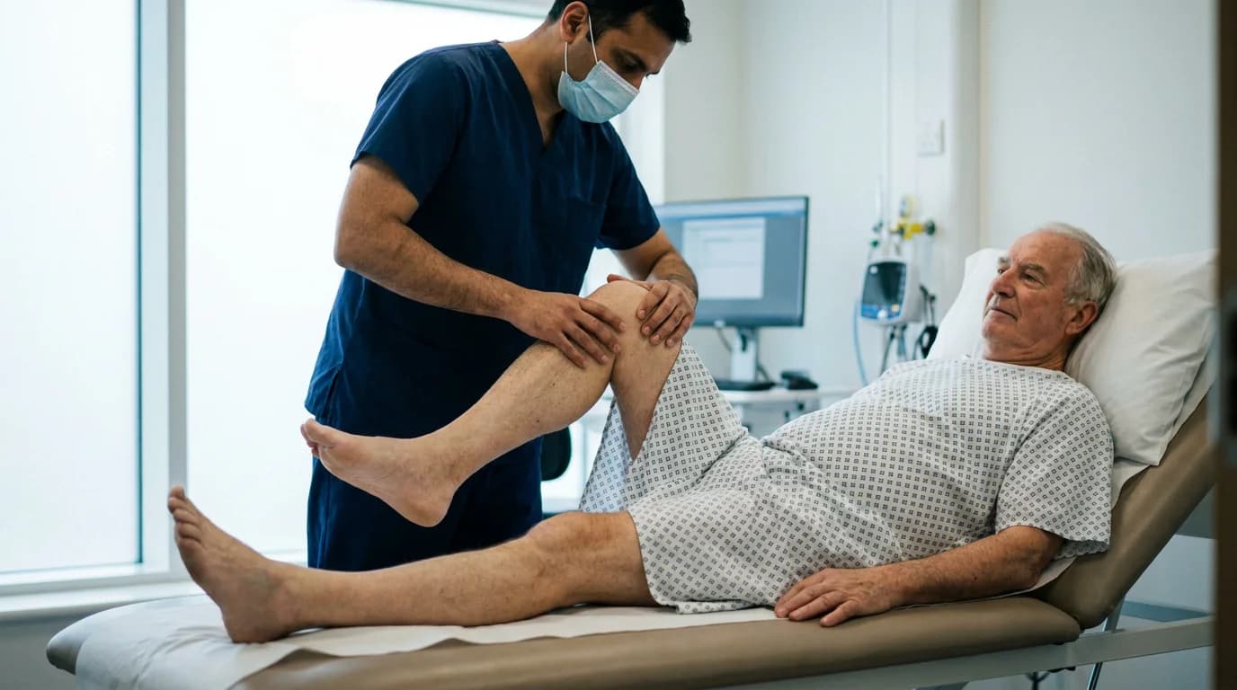 Consultant hip surgeon examining a patient's hip movement during an independent medico-legal assessment