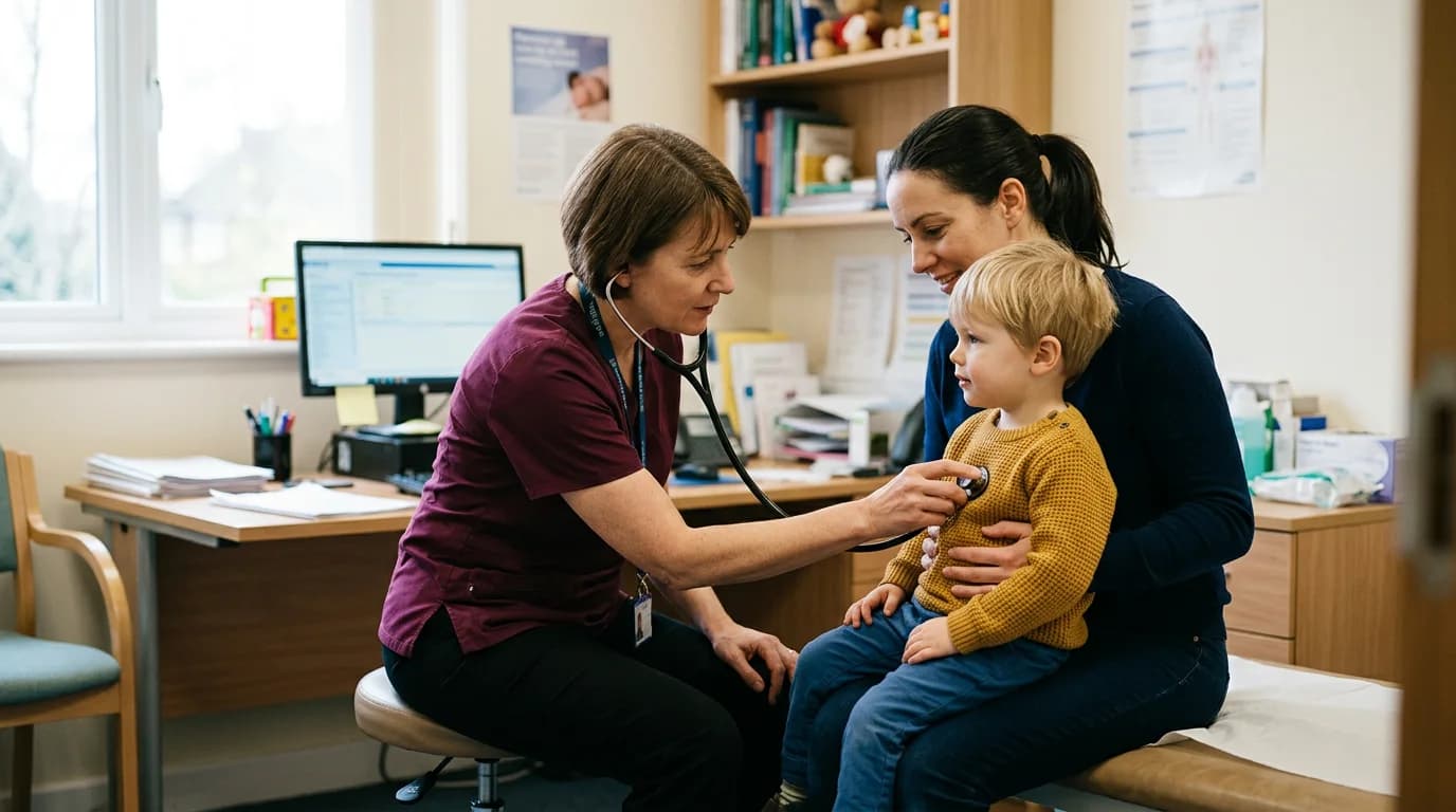Doctor examining a child with respiratory symptoms during a medical assessment