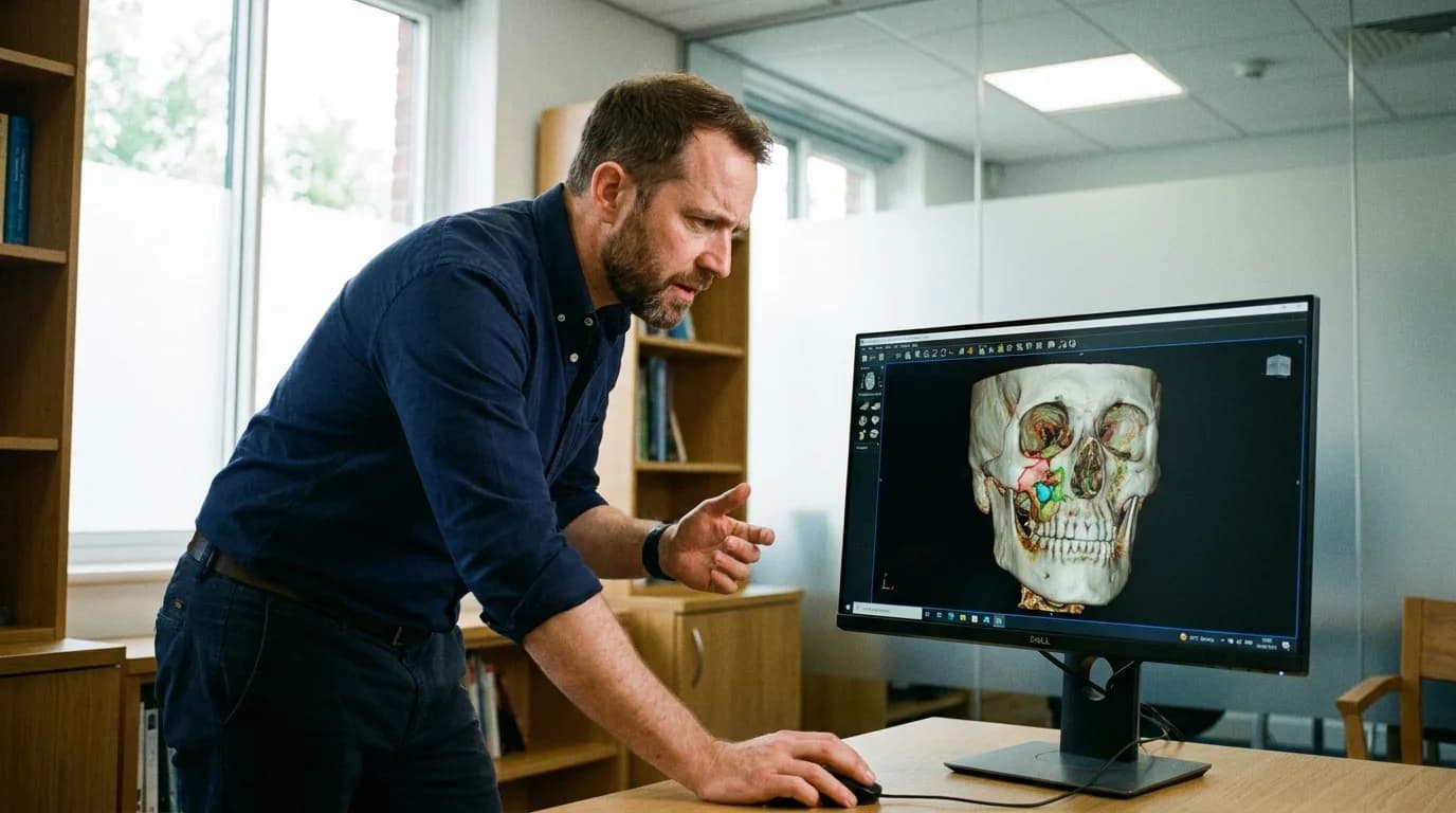 Oral and maxillofacial surgeon reviewing a facial CT scan on a monitor