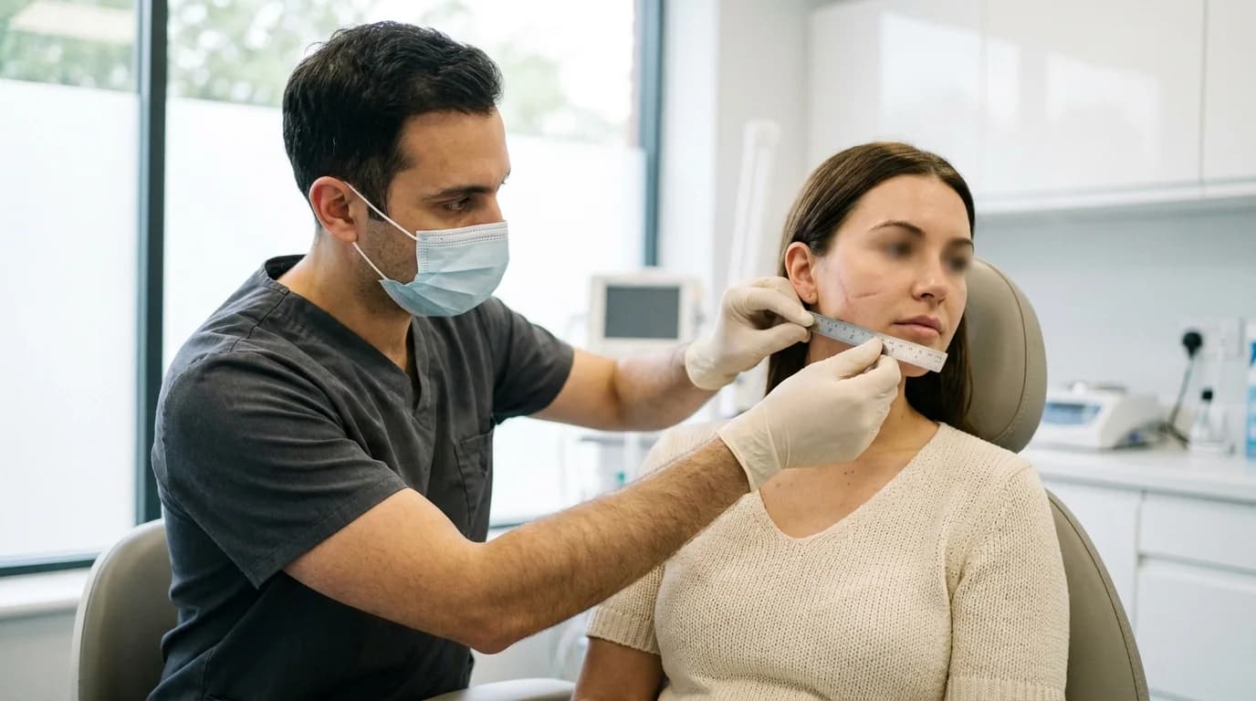 Maxillofacial surgeon examining and measuring facial scarring on a patient