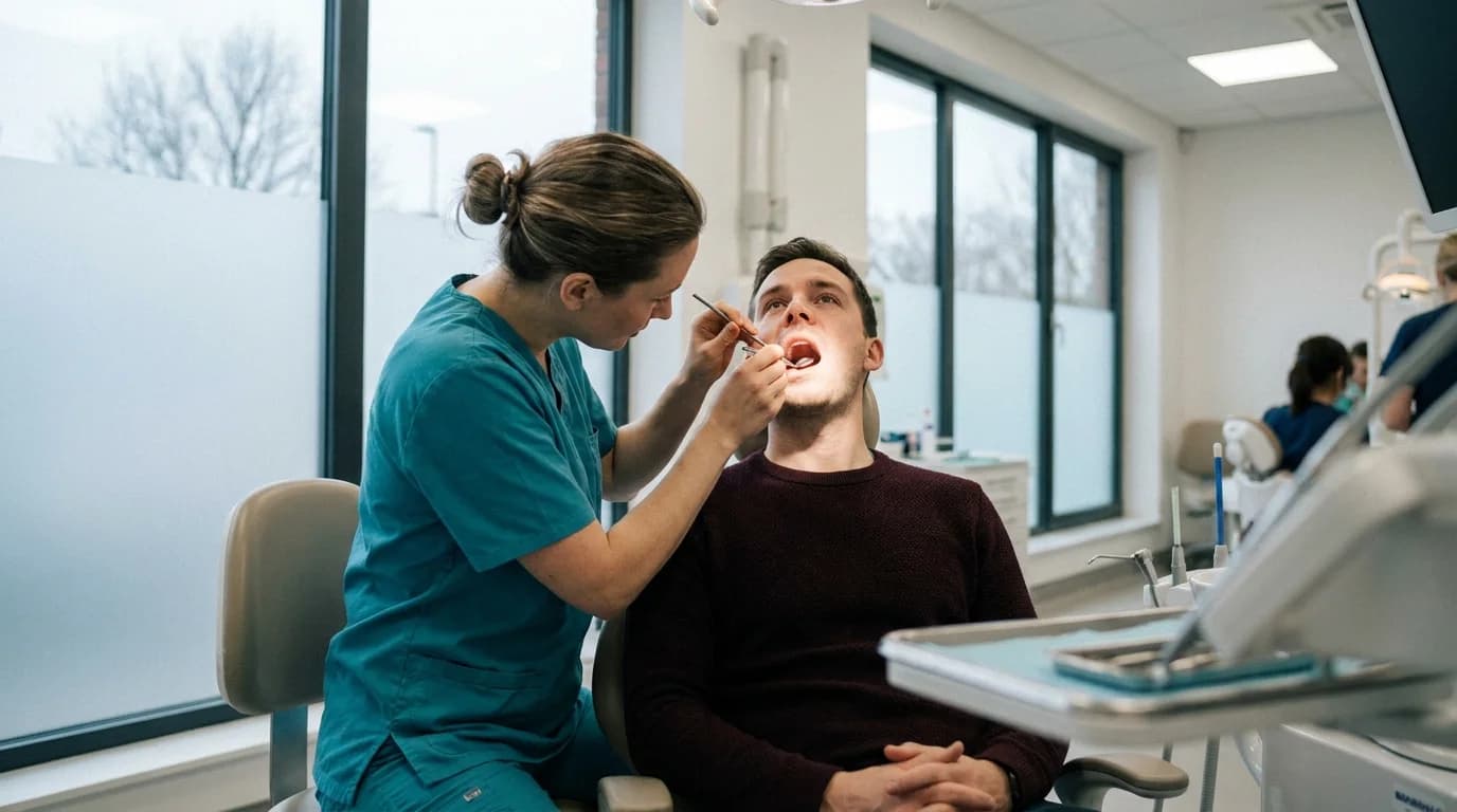 Maxillofacial surgeon examining a patient's jaw and teeth after facial trauma