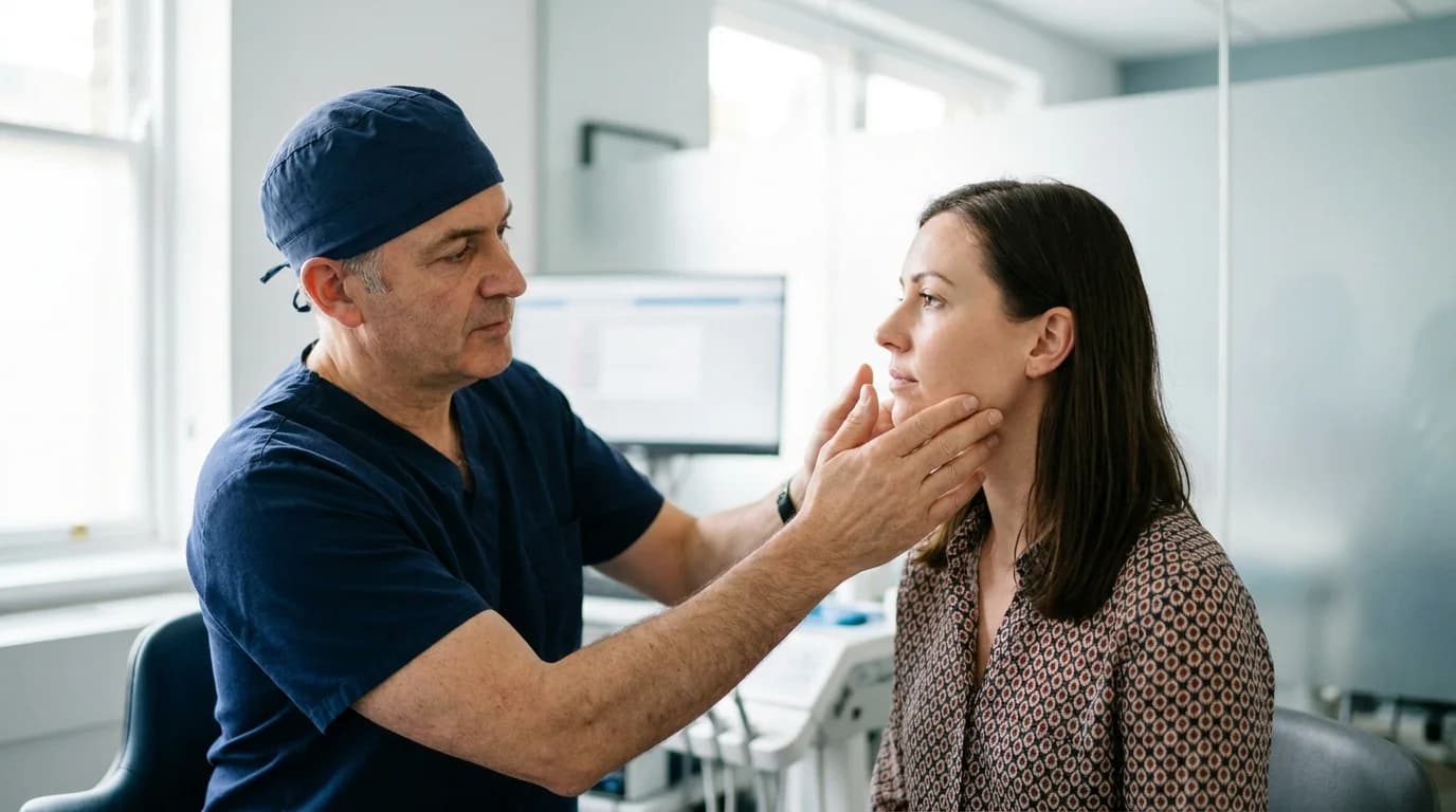 Consultant oral and maxillofacial surgeon examining a patient's jaw and facial injuries in clinic