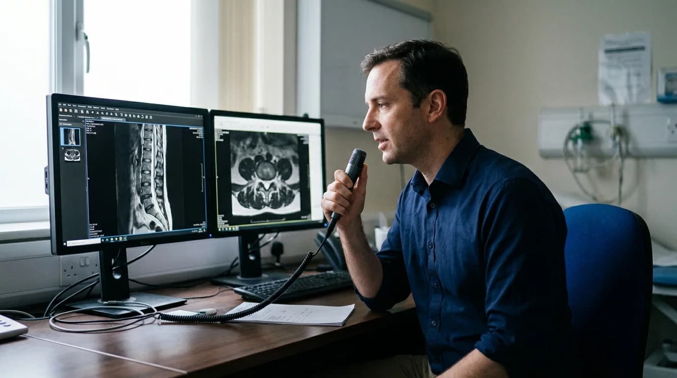 Consultant radiologist reporting MRI images on a workstation