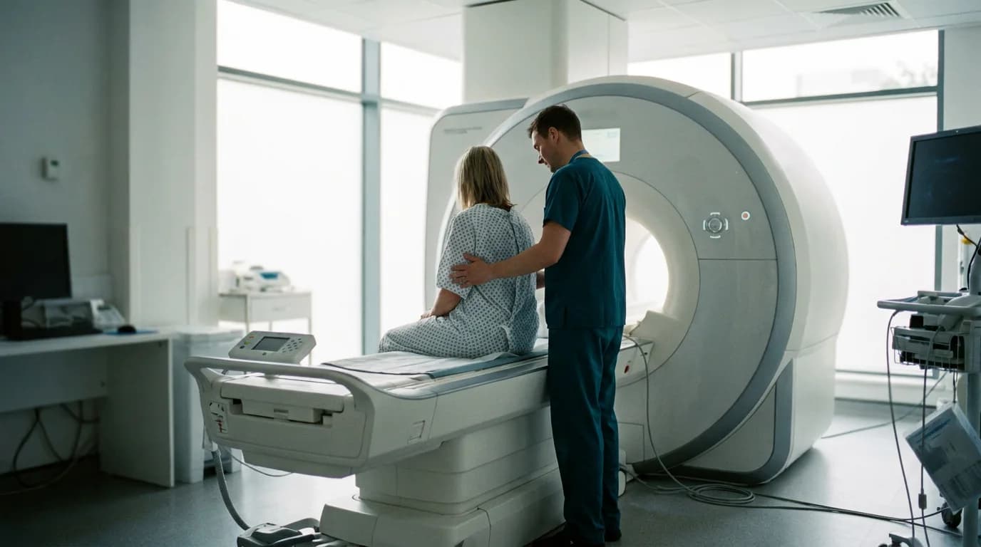 Radiographer positioning a patient at an MRI scanner for a spinal scan