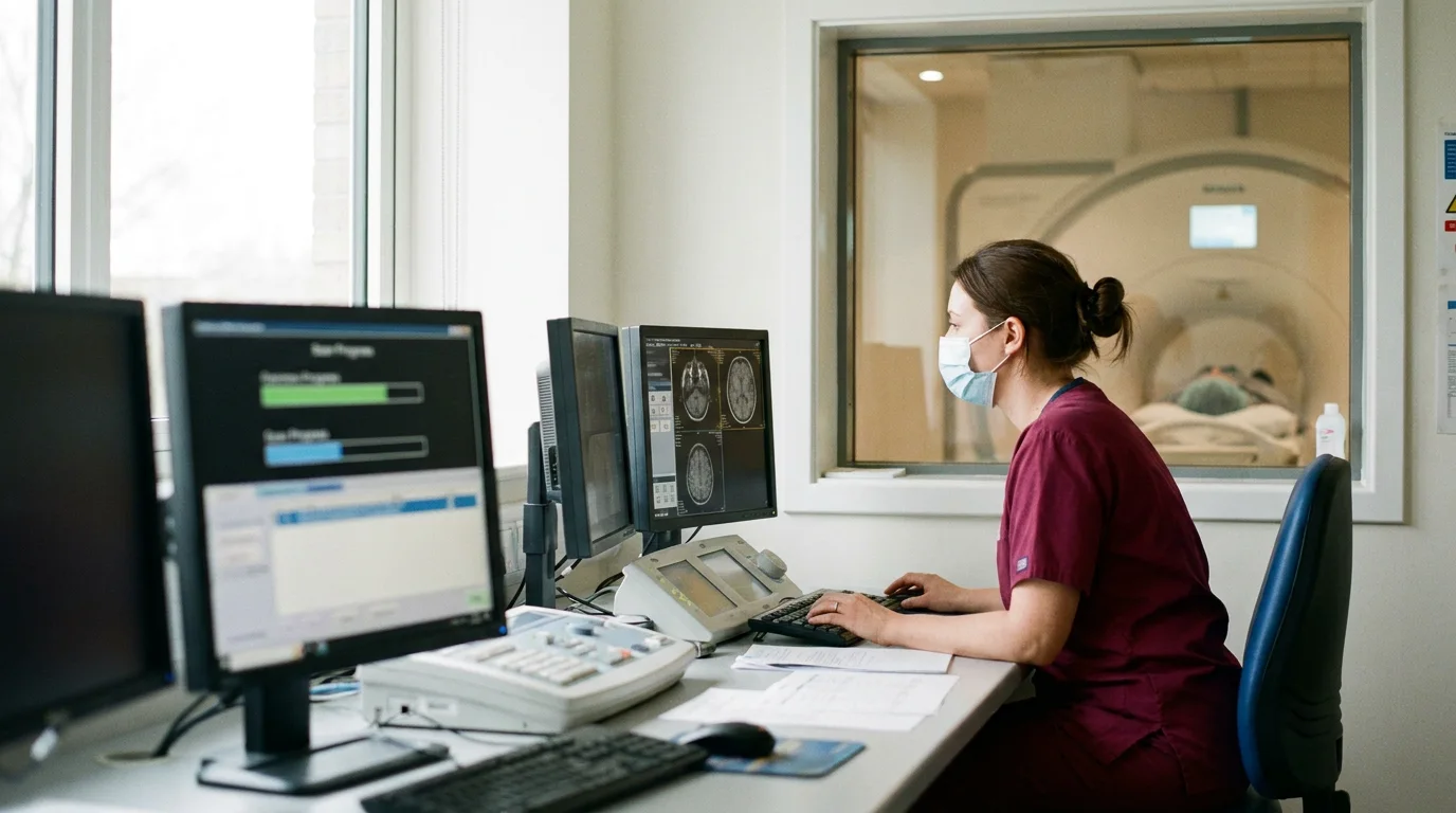 Radiographer operating an MRI scanner from the control console