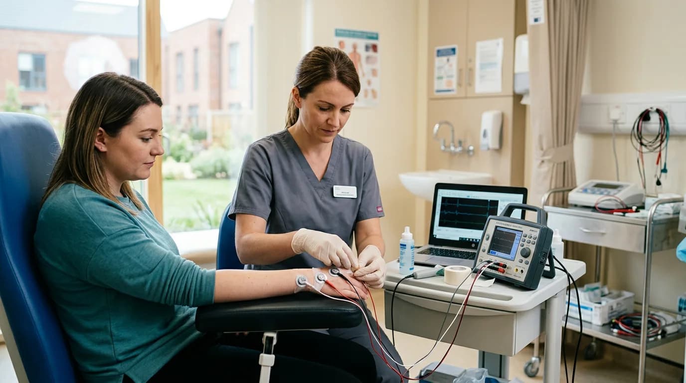 Neurophysiologist performing nerve conduction studies on a patient's hand