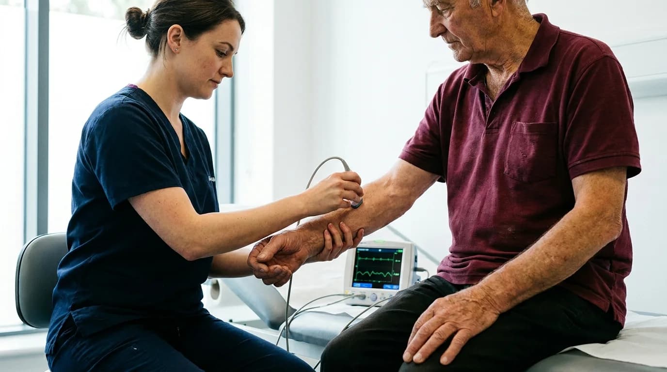 Clinician conducting nerve conduction testing on a manual worker's forearm
