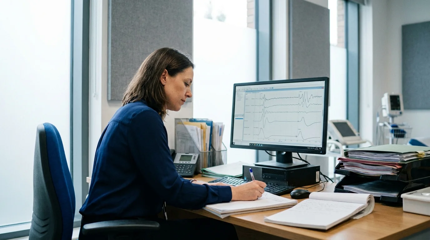 Consultant neurophysiologist interpreting nerve conduction traces on a monitor