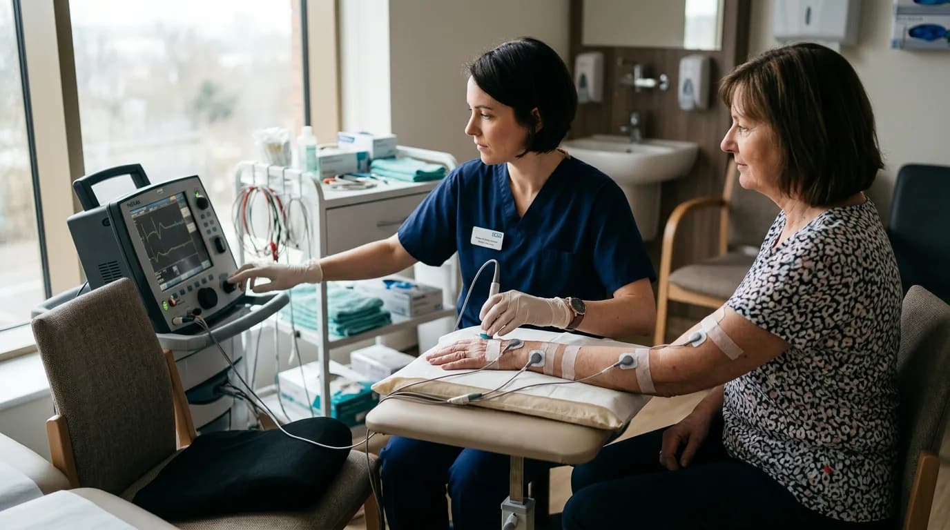 Clinician performing nerve conduction studies on a patient's arm with electrodes for a carpal tunnel claim