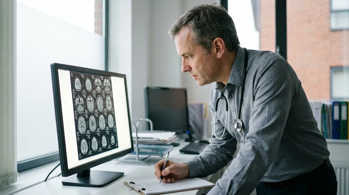 Consultant neurologist reviewing brain MRI scans during a head injury assessment