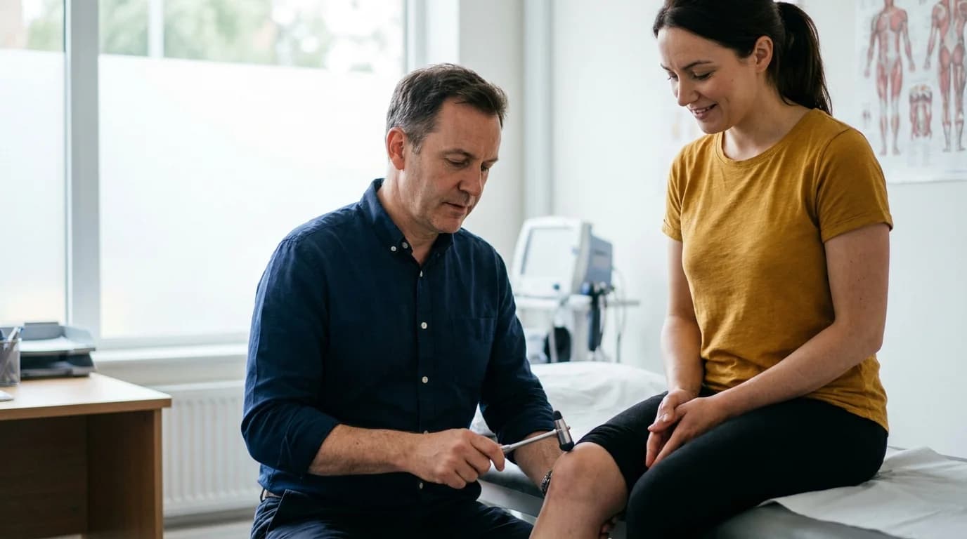 Neurologist testing a patient's reflexes during a neurological examination