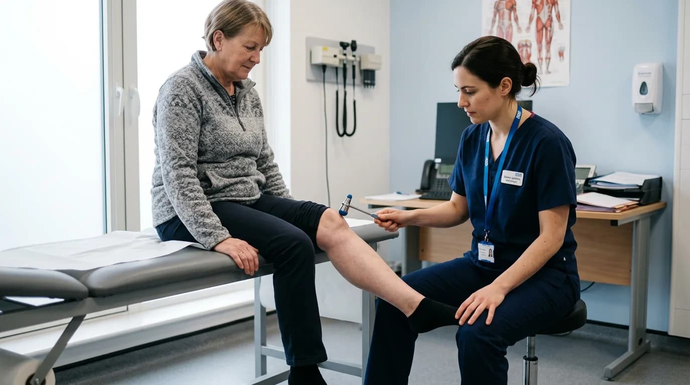 Consultant neurologist reviewing brain MRI scans during a neurological assessment in a hospital clinic