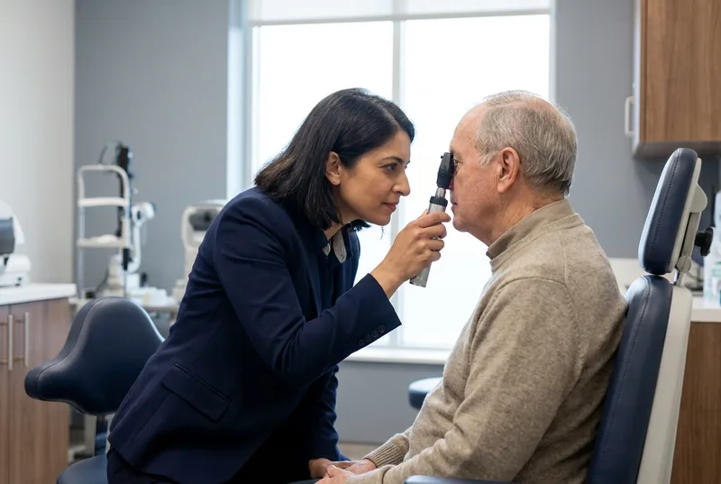 Consultant ophthalmologist examining a patient's eye for a medico-legal report