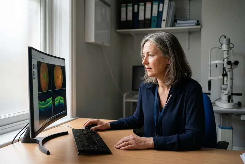 Ophthalmologist reviewing retinal scans for a medico-legal report