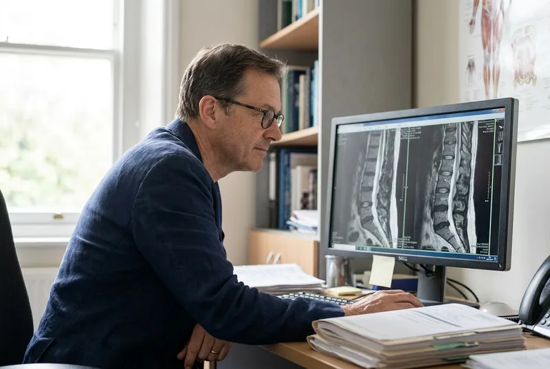 Consultant reviewing spine imaging and records for a chronic pain medico-legal report