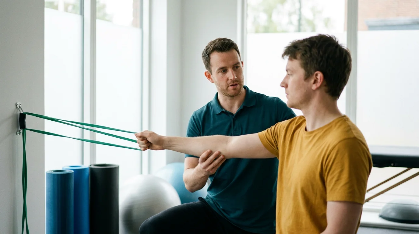 HCPC-registered physiotherapist guiding a patient through rehabilitation exercises in a studio